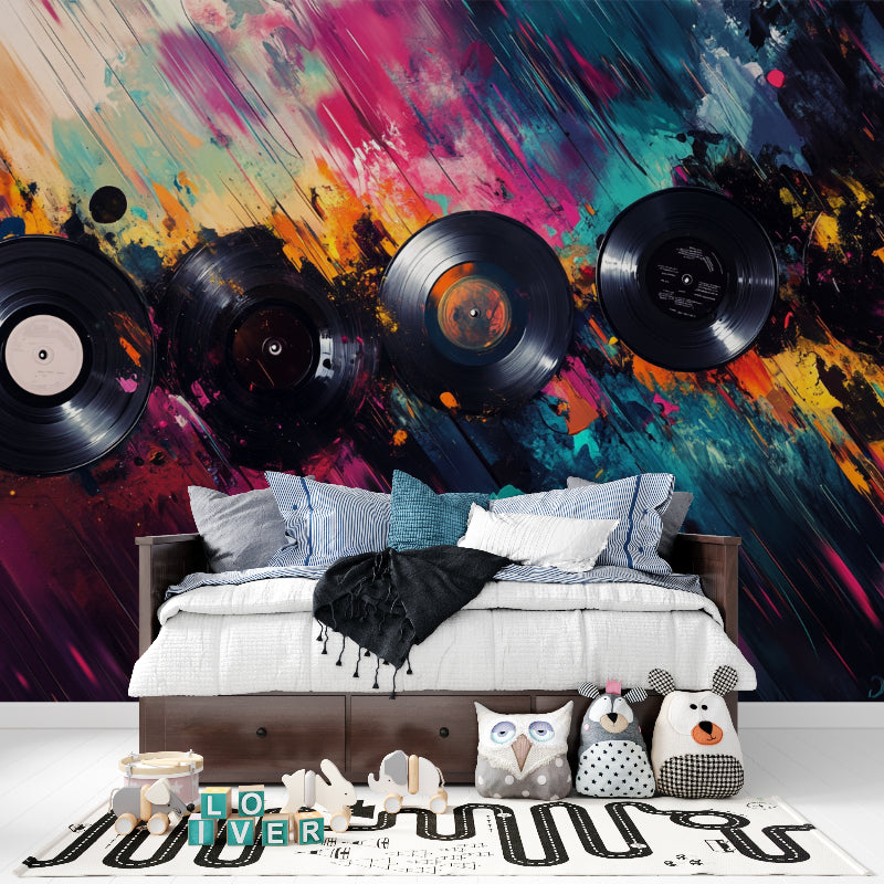 Teen bedroom featuring music-themed wallpaper with colorful vinyl record design