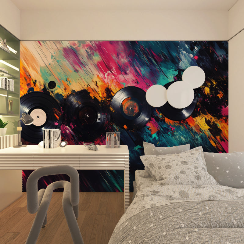 Home studio space transformed with vinyl record wallpaper art in bold colors