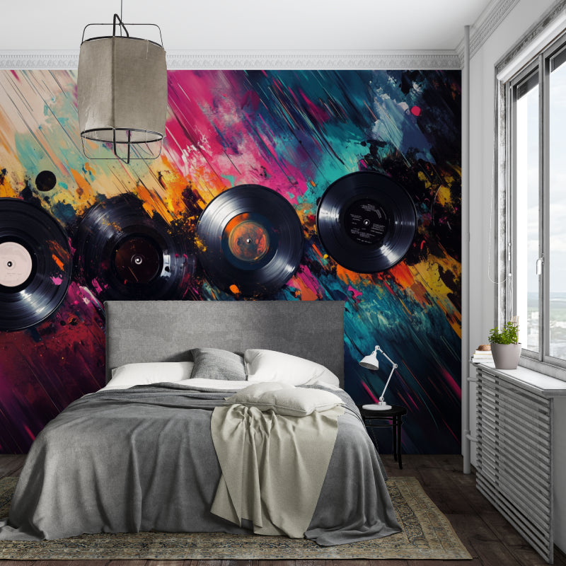 Music room with vinyl record wall mural creating an artistic atmosphere