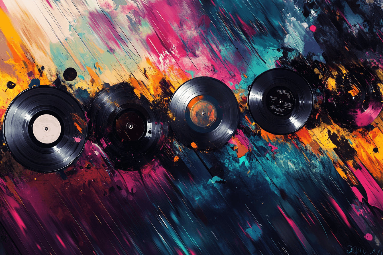 Vinyl records with colorful splash design file showing detailed pattern and vibrant colors