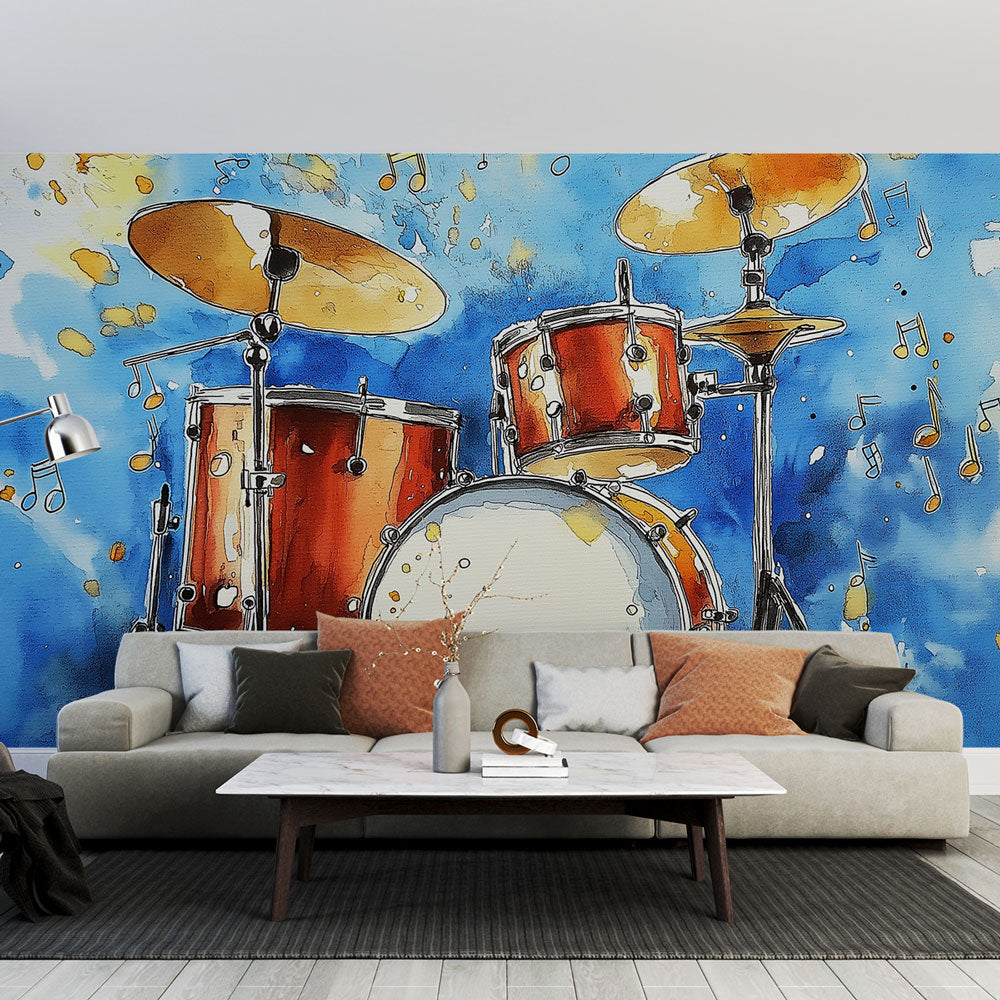 Music themed wallpaper with watercolor drum set shown in modern recording studio space with ambient lighting