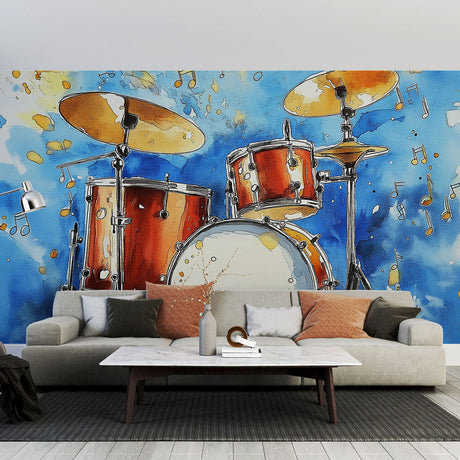Music themed wallpaper with watercolor drum set shown in modern recording studio space with ambient lighting