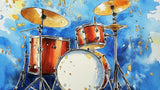 Watercolor drum set design file showing detailed musical instrument pattern with flowing notes