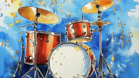 Watercolor drum set design file showing detailed musical instrument pattern with flowing notes