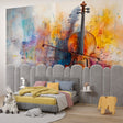 Musical wallpaper mural featuring watercolor violin in a modern living room, creating an artistic focal point
