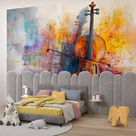 Musical wallpaper mural featuring watercolor violin in a modern living room, creating an artistic focal point