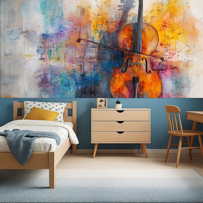 Violin watercolor wallpaper displayed in a music studio, showing scale and vibrant colors