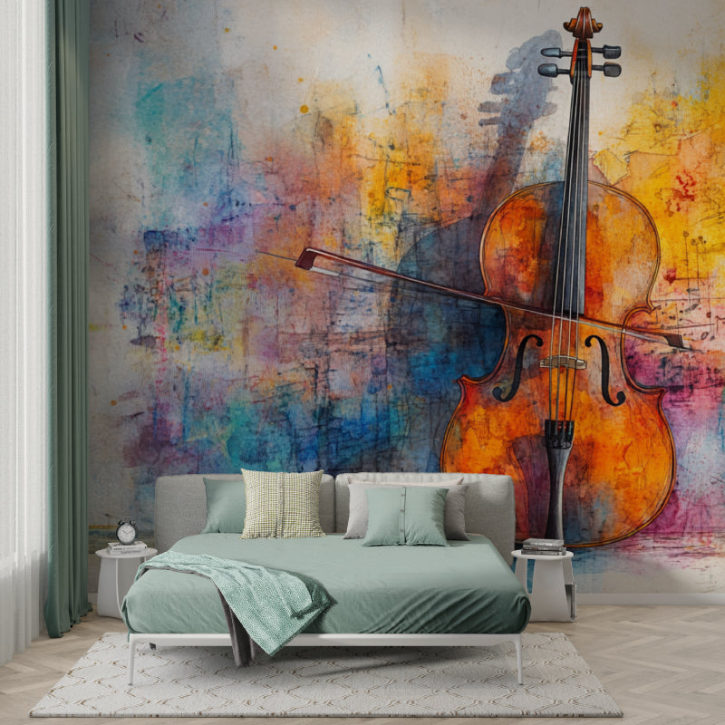 Music-themed wall mural in a creative space, highlighting the artistic watercolor effects