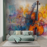 Music-themed wall mural in a creative space, highlighting the artistic watercolor effects