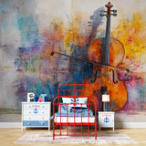 Watercolor violin wallpaper bringing musical charm to a dining room setting