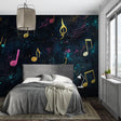 Musical galaxy wallpaper in modern living room showing floating gold and pink notes against dark space background