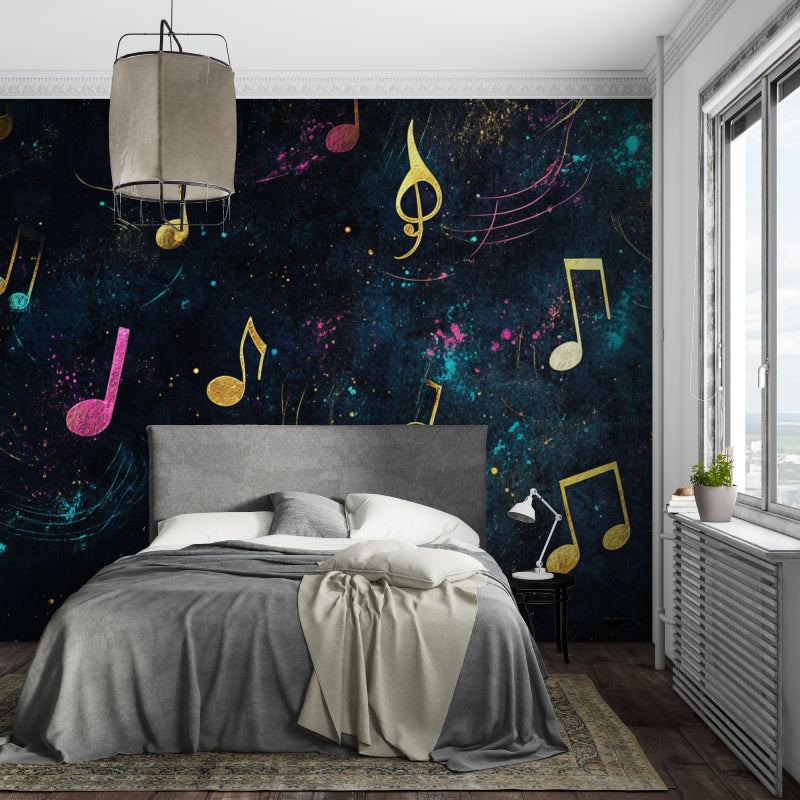 Musical galaxy wallpaper in modern living room showing floating gold and pink notes against dark space background