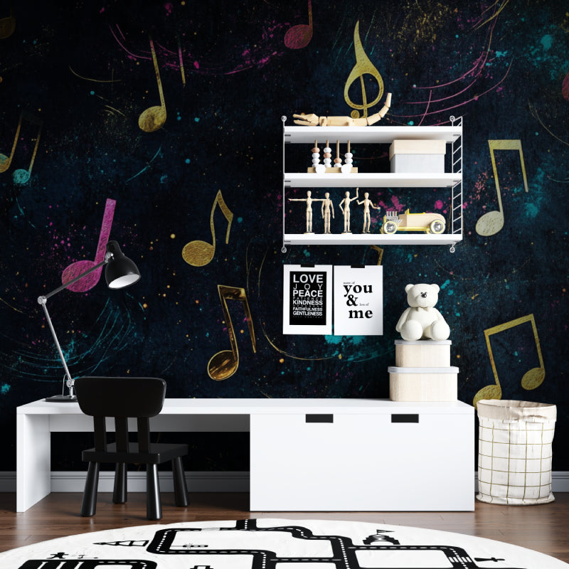 Teen bedroom featuring cosmic music note wallpaper with golden accents and pink highlights