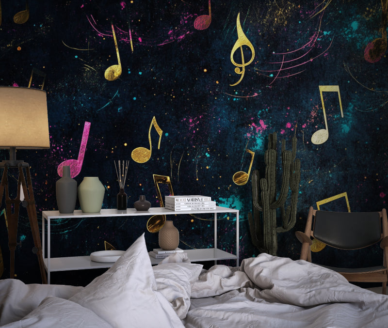 Music room with galaxy wallpaper showing dancing musical notes in gold and pink