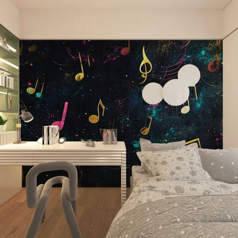 Home studio space with musical galaxy wall mural creating an artistic atmosphere