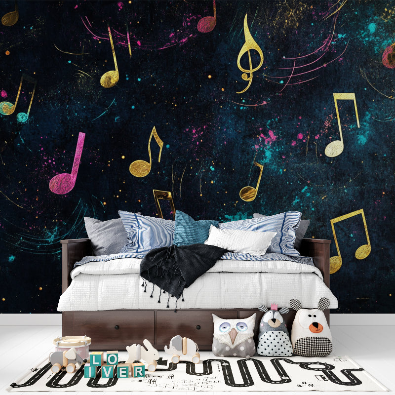 Creative space showcasing cosmic music note wallpaper with gold and pink theme
