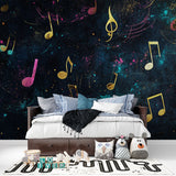 Creative space showcasing cosmic music note wallpaper with gold and pink theme