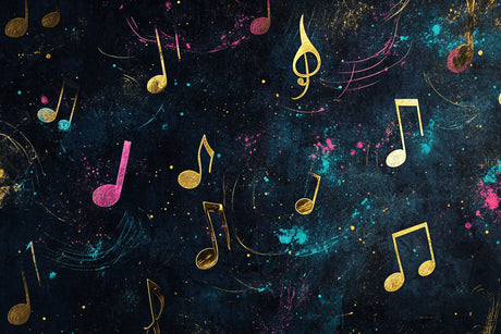 Design file of musical notes pattern with galaxy background in gold and pink tones