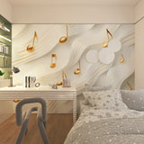Musical notes wallpaper creating depth in a modern living room with white furniture and gold accents