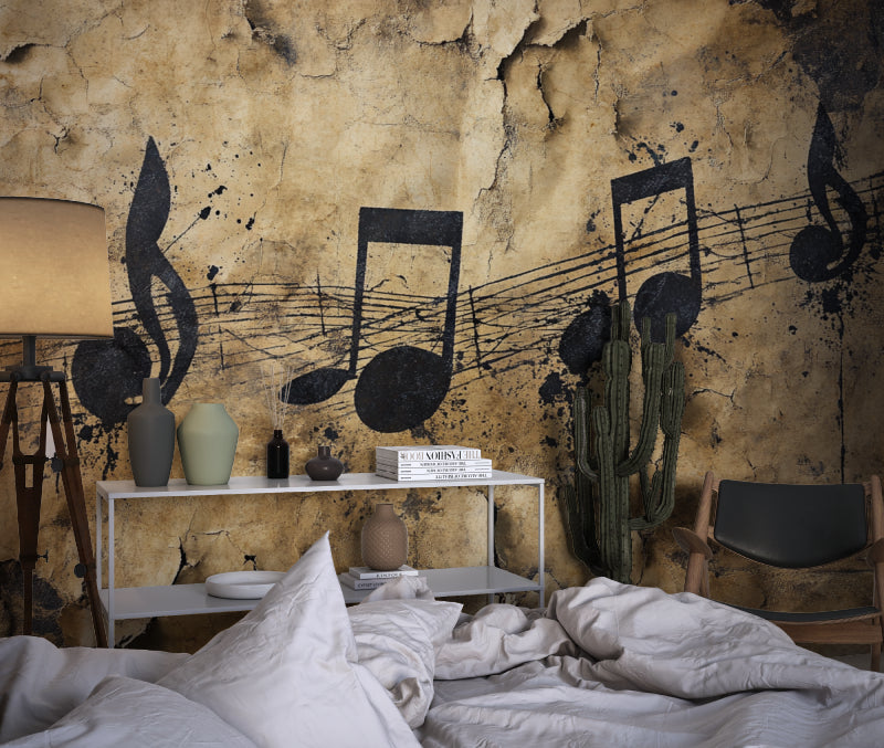 Music Note Wallpaper styled in modern living room with piano, showing flowing musical notation design