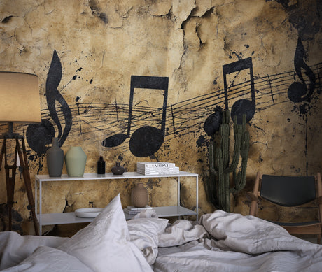 Music Note Wallpaper styled in modern living room with piano, showing flowing musical notation design