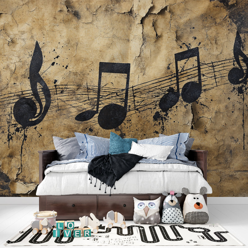 Vintage Sheet Music Wallpaper in home music studio with guitars and equipment