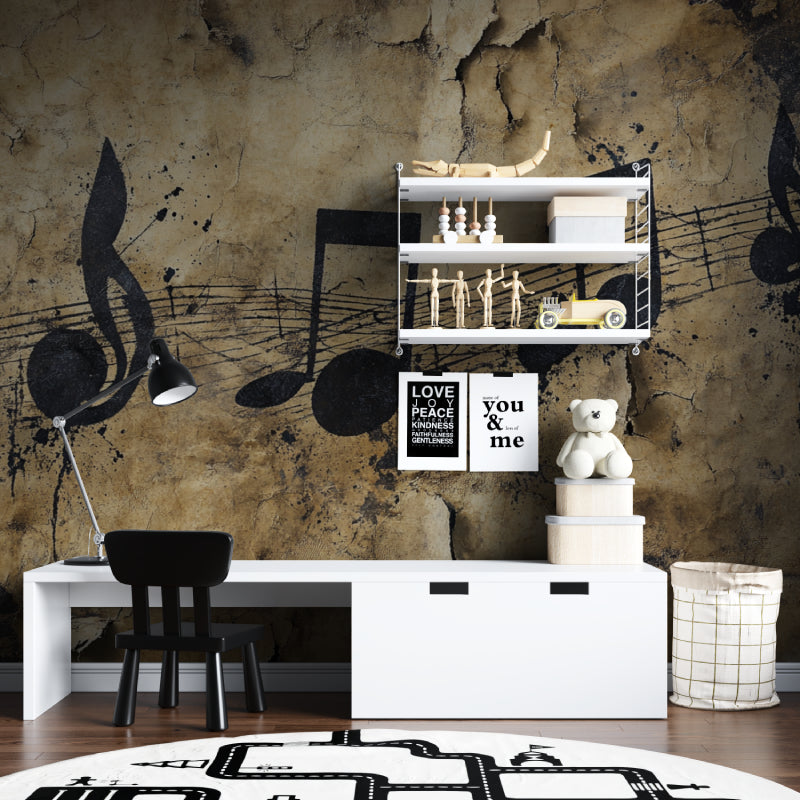 Musical Notes Wall Mural in teen bedroom with keyboard and study desk