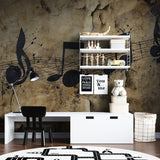 Musical Notes Wall Mural in teen bedroom with keyboard and study desk