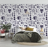 Mystical wallpaper with esoteric symbols creating a calm meditation room atmosphere