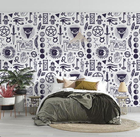 Mystical wallpaper with esoteric symbols creating a calm meditation room atmosphere