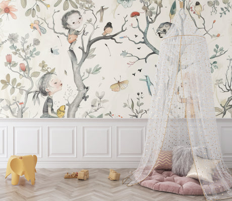 Magical Forest Kids Wallpaper in bright nursery with white furniture showing whimsical woodland scene