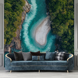 Aerial river view wallpaper creating depth in a modern living room with white furniture and natural light