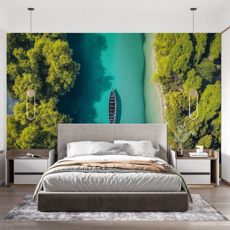 Aerial river wallpaper creating a stunning statement wall in a modern living room with white furniture and natural light
