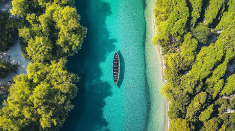 Turquoise river aerial view design file showing intricate water patterns and forest details