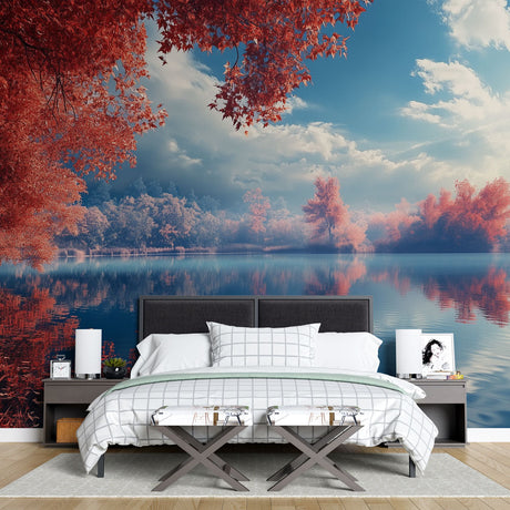 Nature landscape wallpaper with autumn lake reflection transforms a modern living room with double-height windows