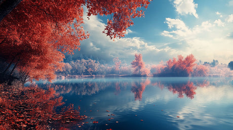 Autumn lake reflection wallpaper design file showing mirror-like water surface and vibrant fall colors