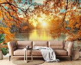 Nature scene wallpaper featuring sunset lake view installed in a cozy bedroom with warm ambient lighting