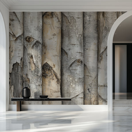 Birch tree bark wallpaper in modern Scandinavian living room with natural light and minimal furniture