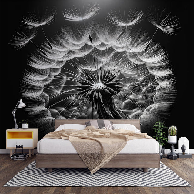 Black and white dandelion wall mural creating drama in a minimalist living room with modern furniture