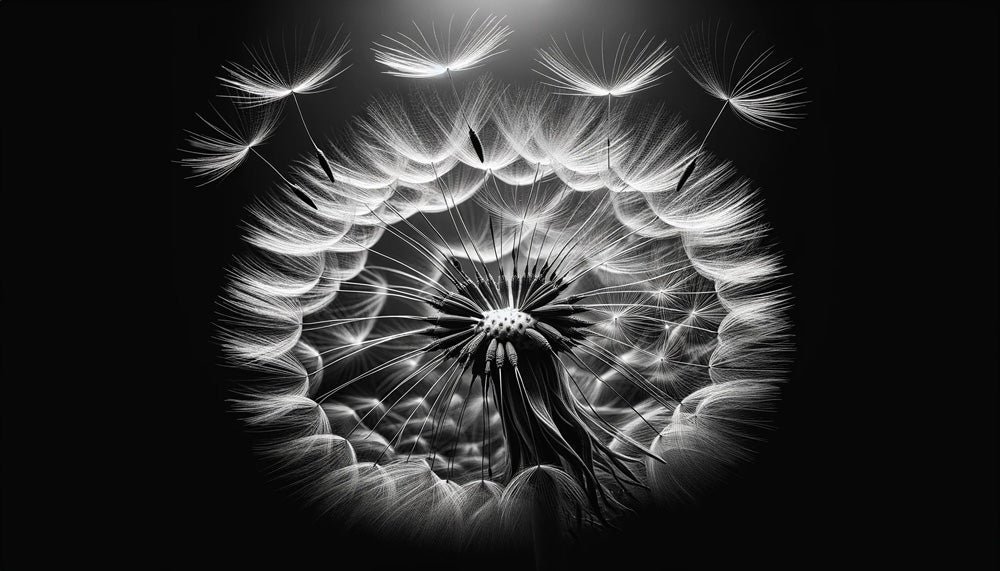 Black and white dandelion wallpaper design file showing intricate botanical details