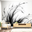 Black and white grass wallpaper mural displayed in a bright modern living room, creating a striking focal wall