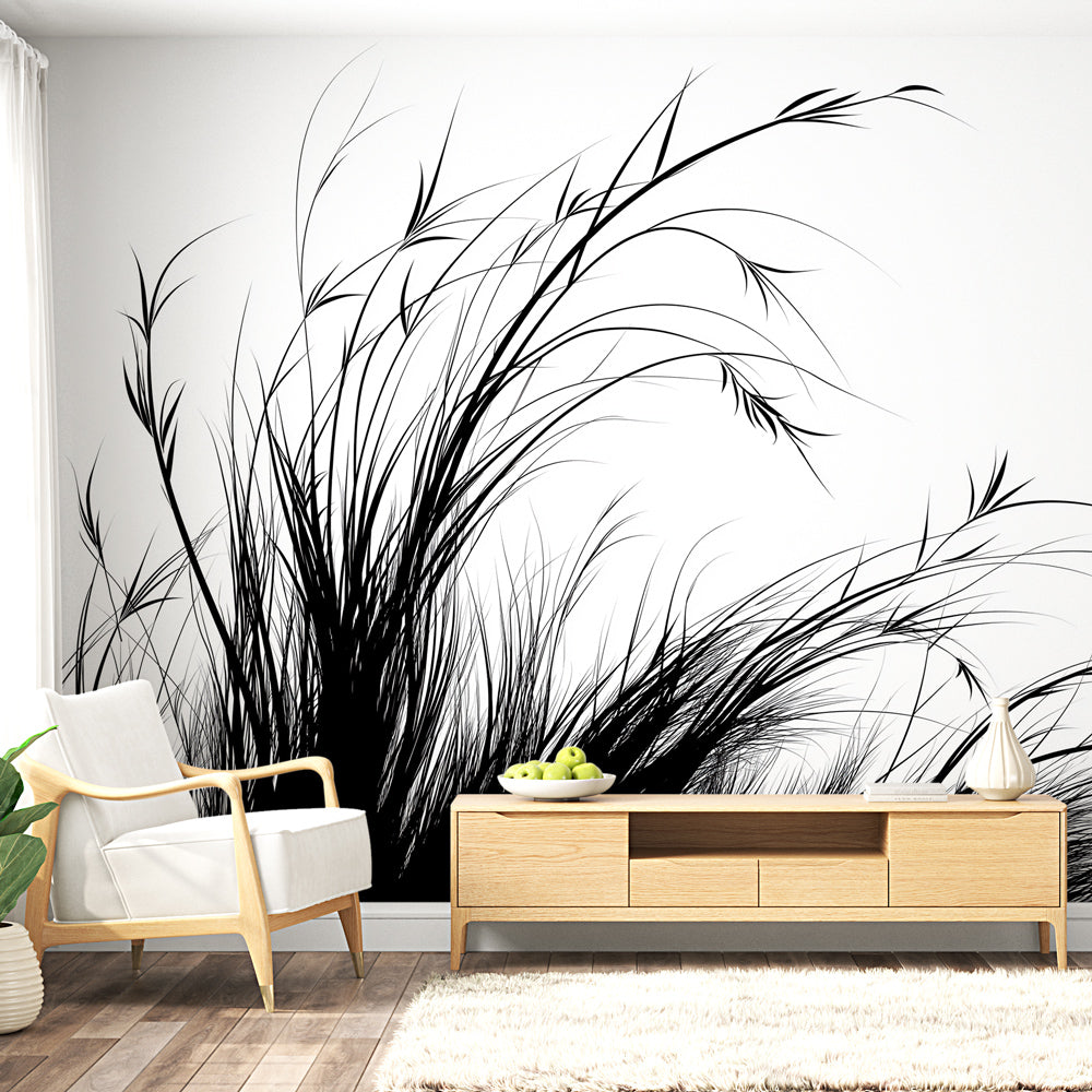 Black and white grass wallpaper mural displayed in a bright modern living room, creating a striking focal wall