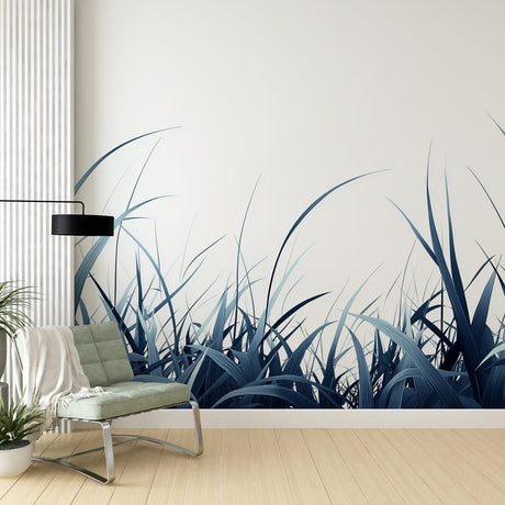 Blue grass nature wallpaper mural in modern living room setting, creating a calm and spacious atmosphere