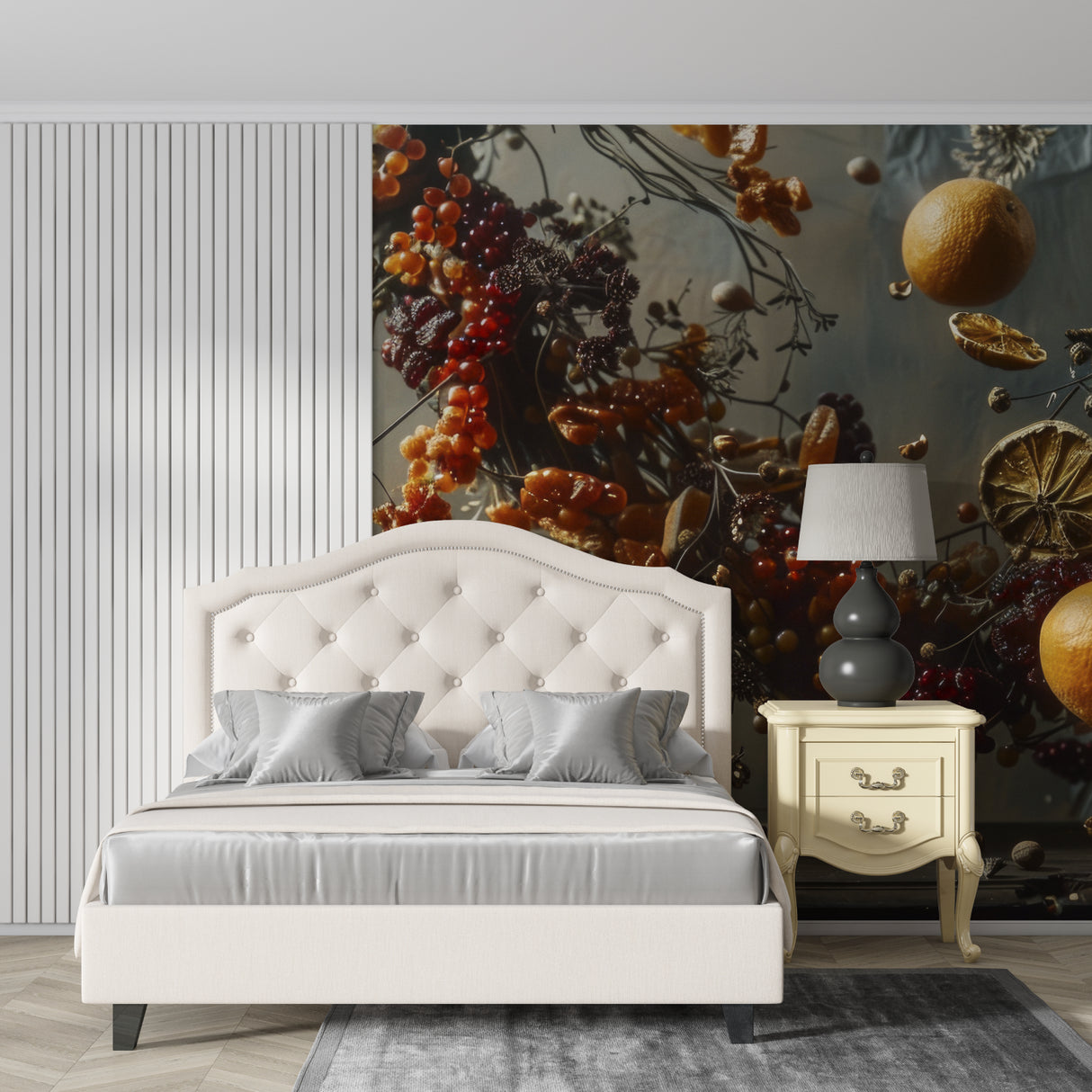 Floating fruits wallpaper making a statement in a cafe space