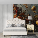 Floating fruits wallpaper making a statement in a cafe space