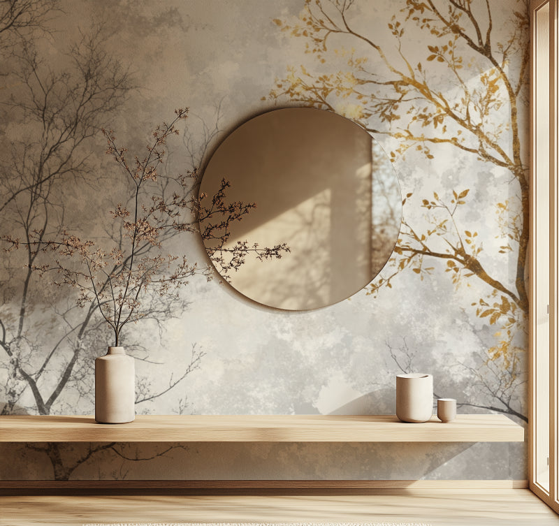 Metallic tree branch wallpaper creating a stunning focal point in a modern living room with afternoon light