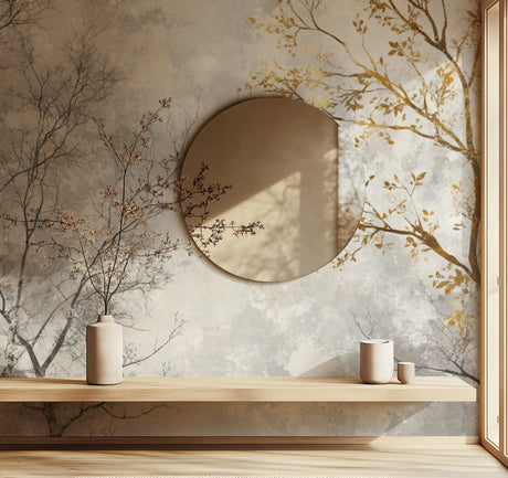 Metallic tree branch wallpaper creating a stunning focal point in a modern living room with afternoon light