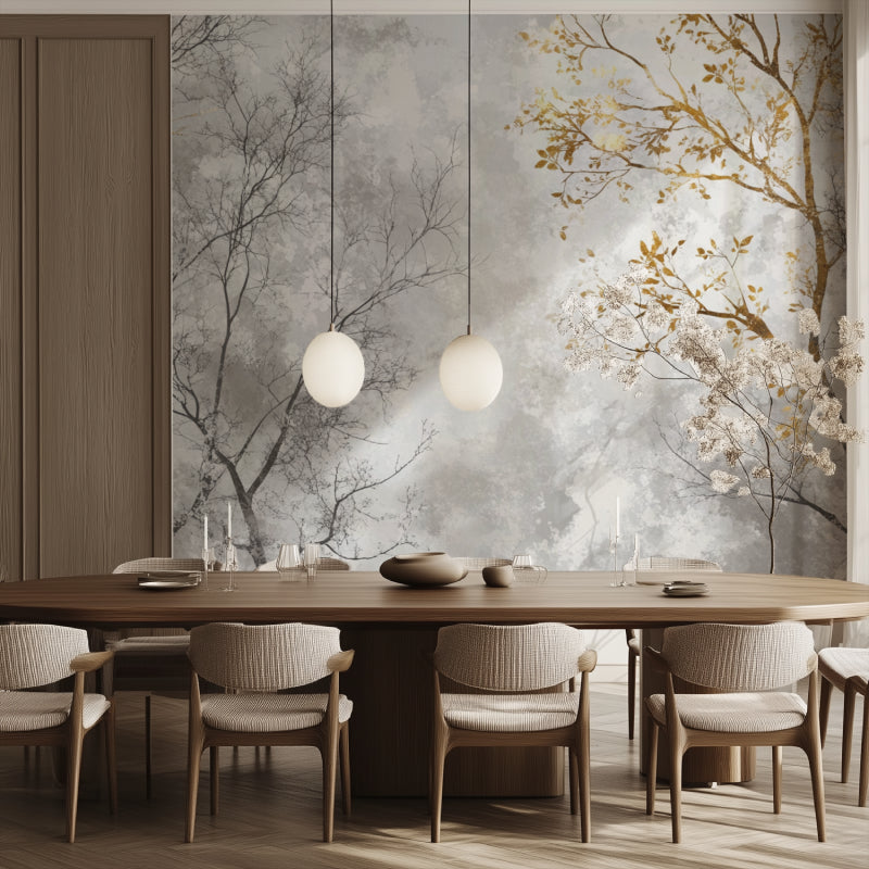 Silver and gold tree mural adding sophistication to a dining room space