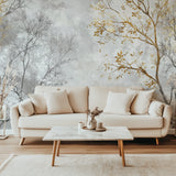 Golden branch pattern creating depth in a home office setting