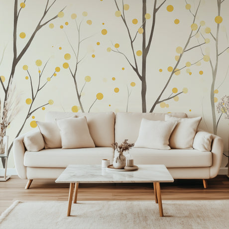 Nature mural wallpaper with golden dots and grey branches creating an elegant backdrop in a modern living room